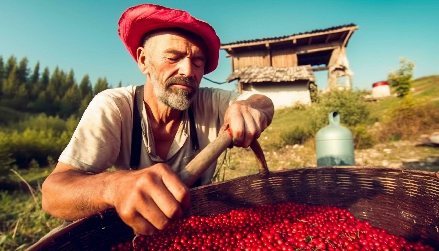 1 homem colheita maduro fruta dentro uma rural Fazenda panorama gerado de ai foto