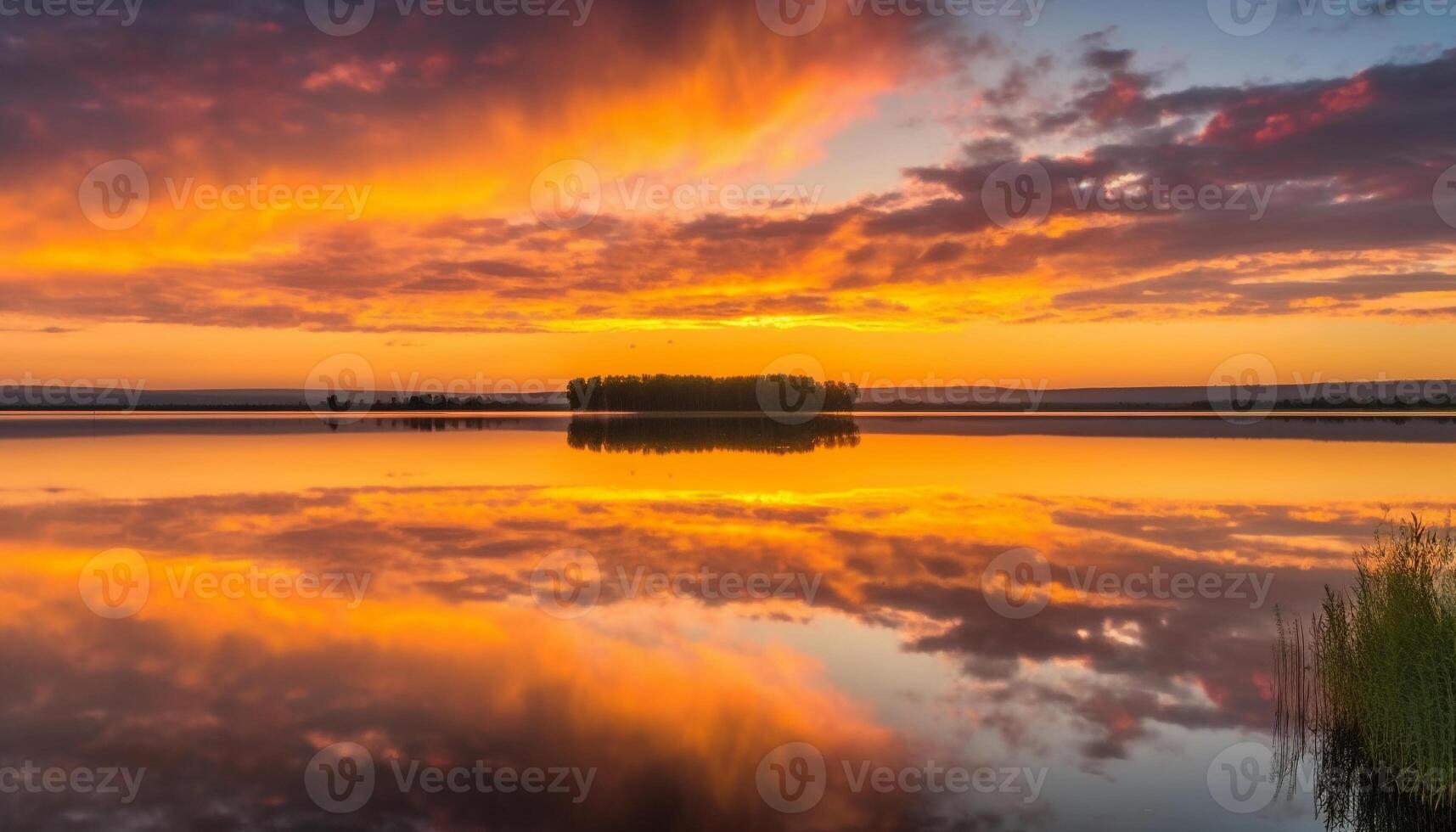 dourado pôr do sol reflete vibrante céu sobre tranquilo água e floresta gerado de ai foto