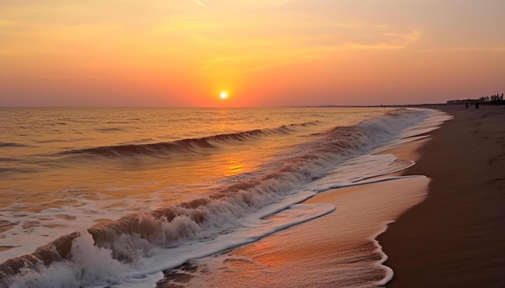 vibrante pôr do sol sobre tranquilo paisagem marítima, perfeito para tropical Férias gerado de ai foto