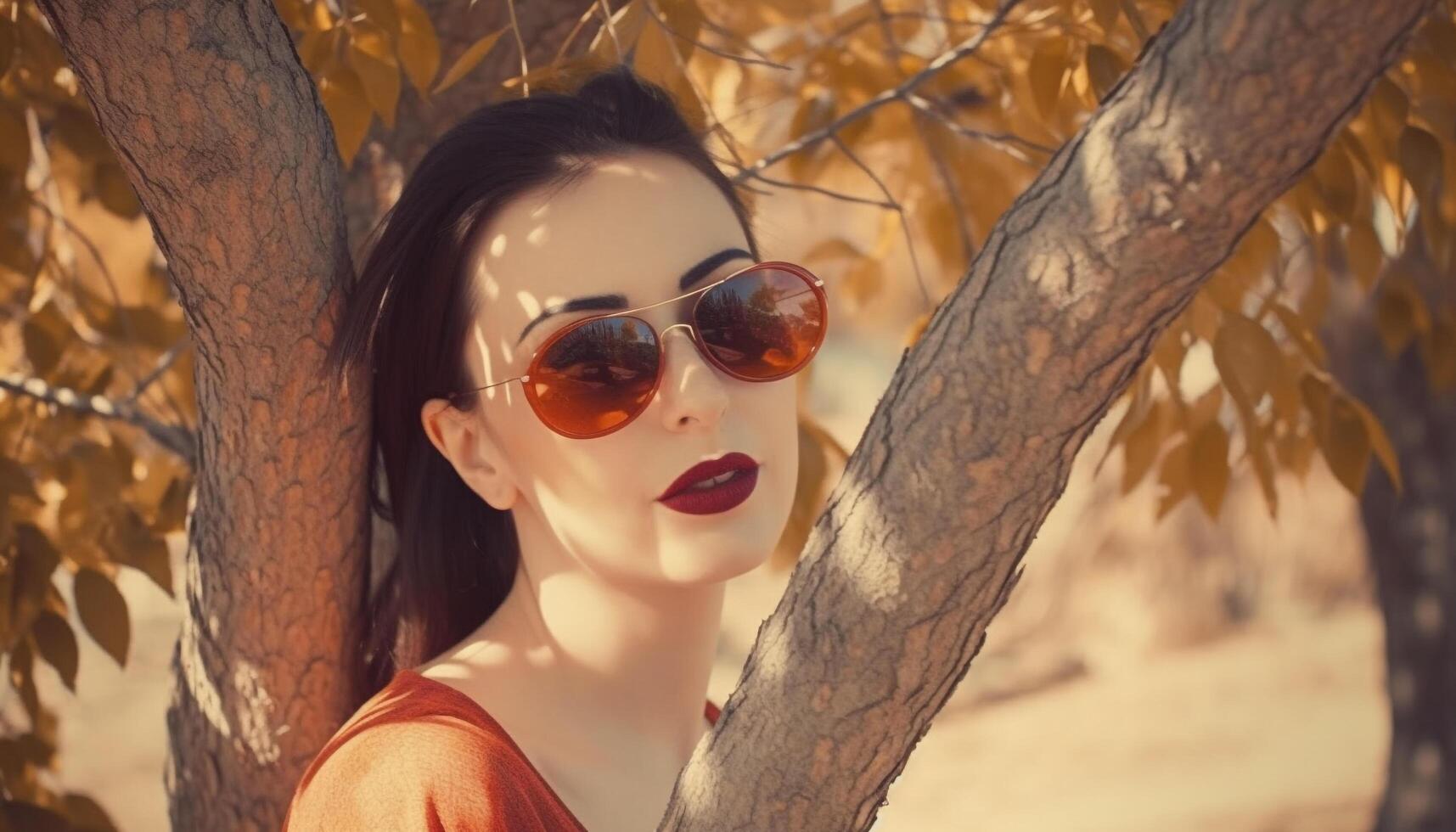 jovem mulher dentro oculos de sol sorrisos, cercado de outono natureza elegância gerado de ai foto