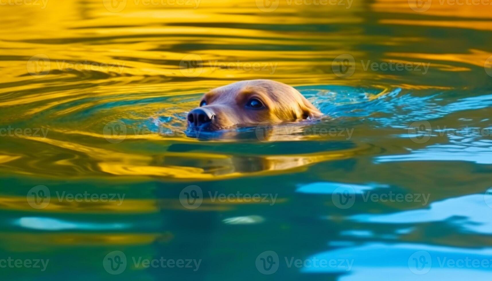 dourado retriever cachorro jogando dentro a Sol de a lagoa gerado de ai foto