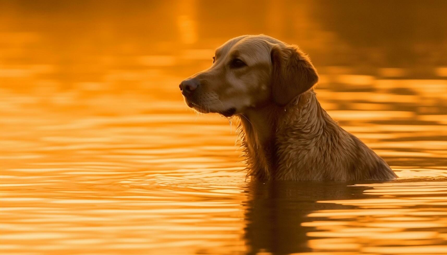 dourado retriever cachorro sentado de lago, desfrutando outono pôr do sol de brincadeira gerado de ai foto