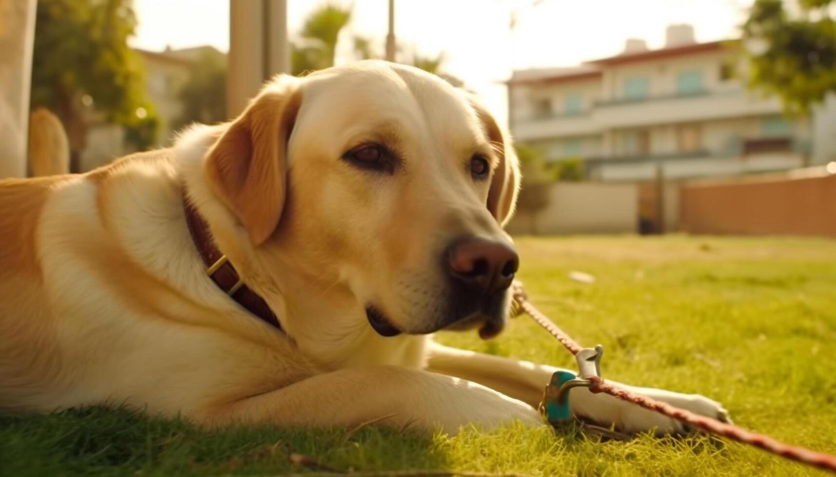 sorridente proprietário com fofa de raça pura retriever jogando dentro verde Relva gerado de ai foto