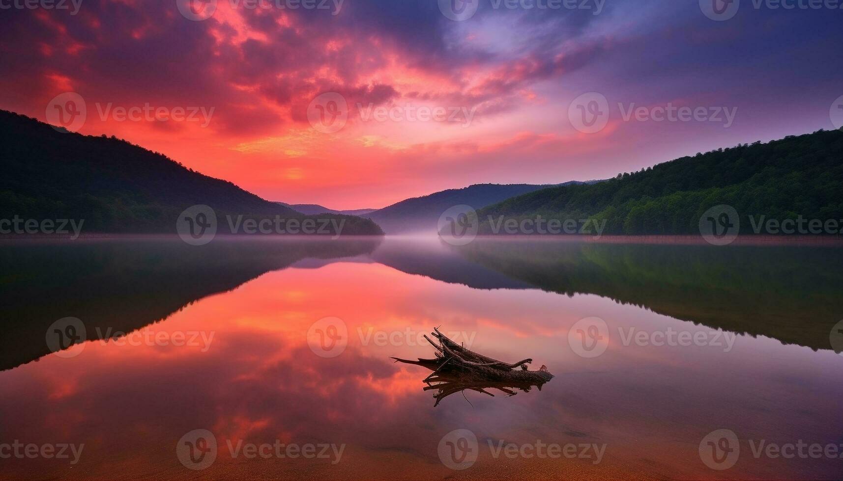 tranquilo cena montanha silhueta, pôr do sol reflexão, sereno beleza dentro natureza gerado de ai foto