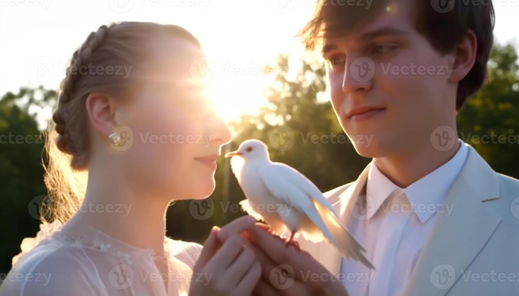 iluminado pelo sol abraço do amizade e amor, natureza beleza rodeia eles gerado de ai foto