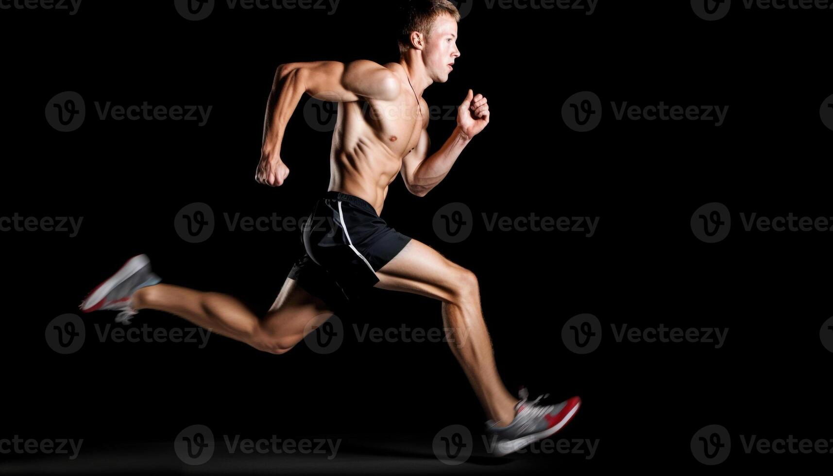 muscular atleta pulando meio ar, sem camisa, dentro Preto fundo estúdio tiro gerado de ai foto