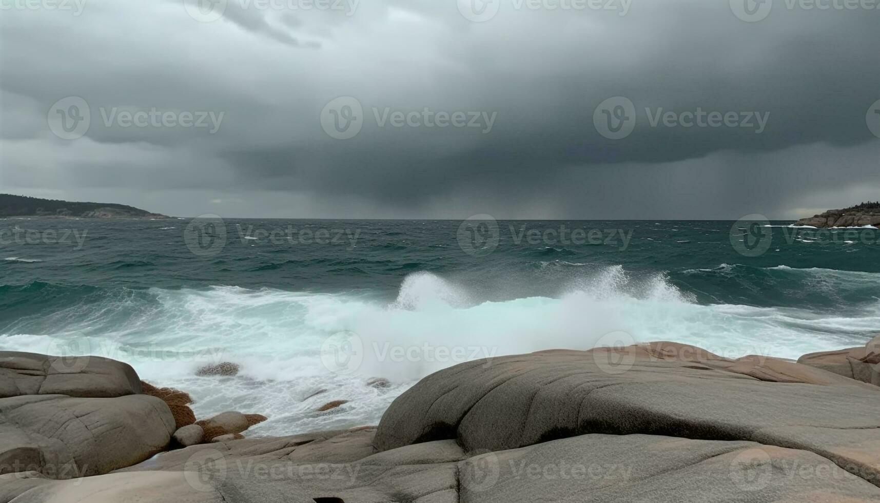 rude surfar bate contra dramático penhasco, nublado horizonte sobre água gerado de ai foto