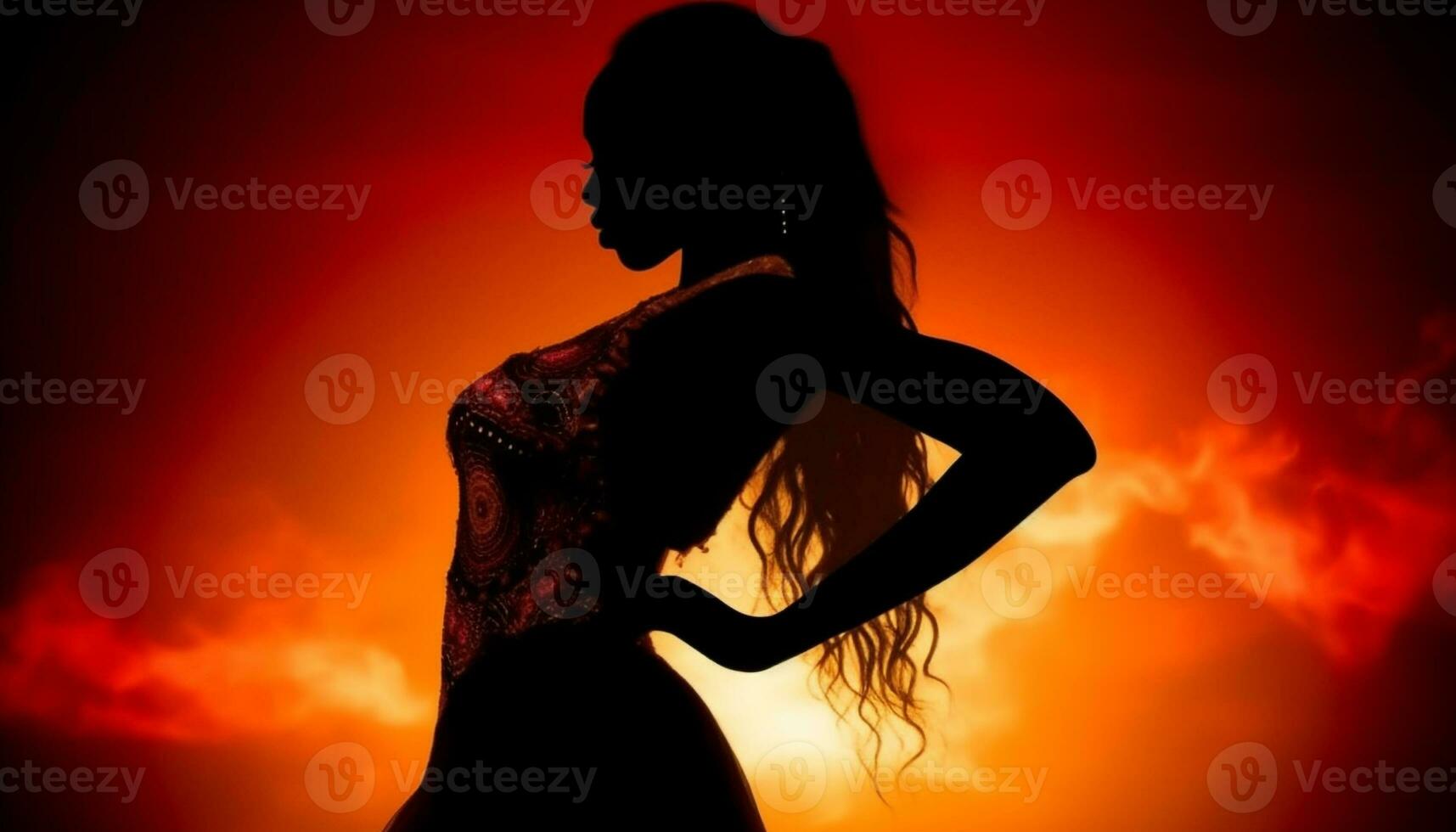1 jovem mulher em pé dentro brilhando pôr do sol, dançando com liberdade gerado de ai foto