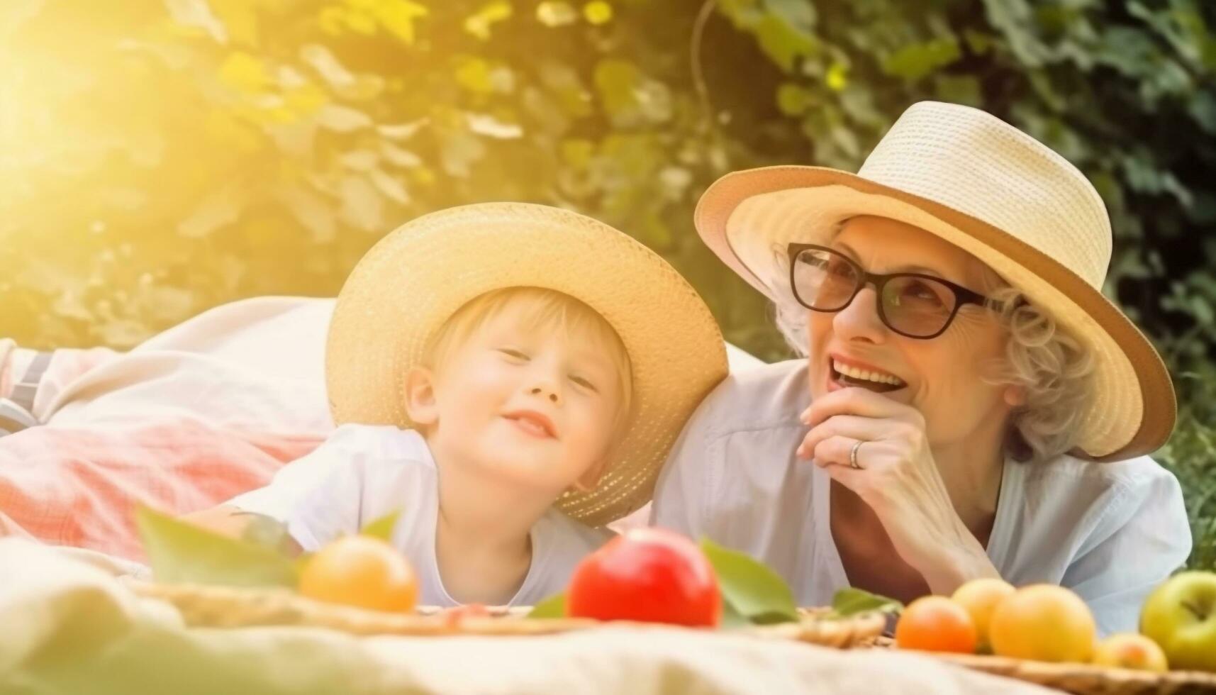 sorridente família goza verão piquenique, vínculo sobre fresco fruta gerado de ai foto