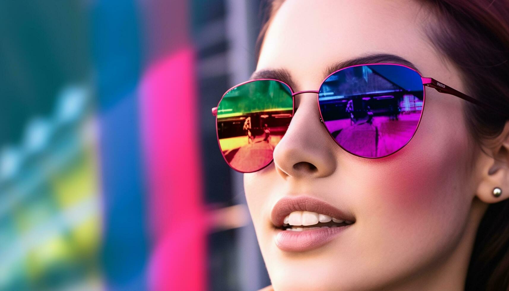 jovem mulher dentro oculos de sol sorridente, desfrutando verão período de férias ao ar livre gerado de ai foto