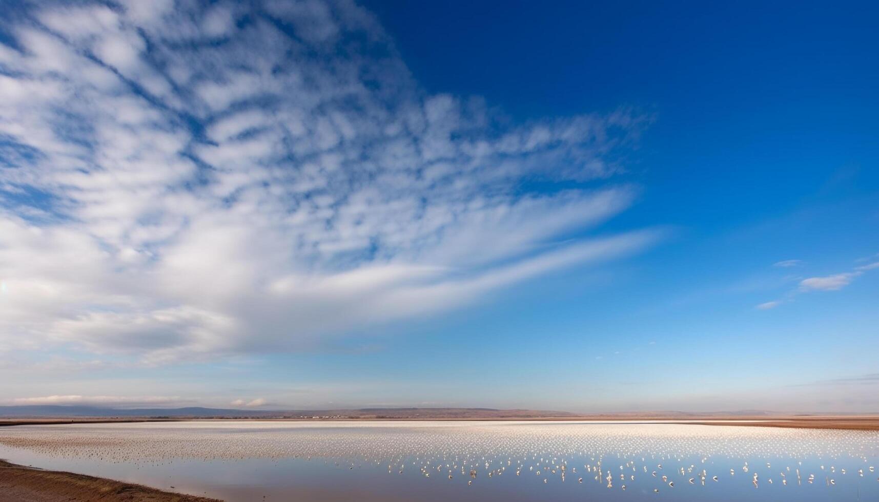 idílico pôr do sol sobre tranquilo paisagem marítima, horizonte sobre água, céu beleza gerado de ai foto