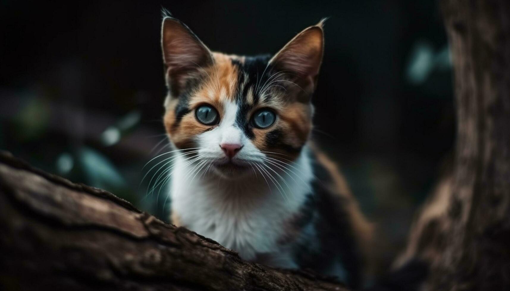 fofa gatinho sentado dentro grama, encarando com atenção às Câmera gerado de ai foto