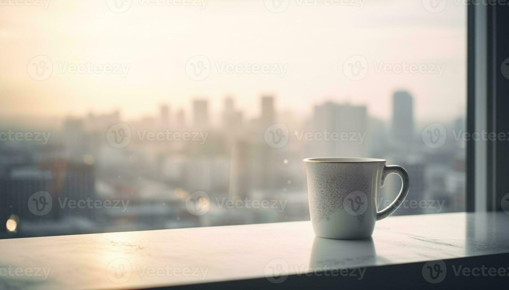 quente café dentro uma caneca em de madeira mesa, paisagem urbana fundo gerado de ai foto