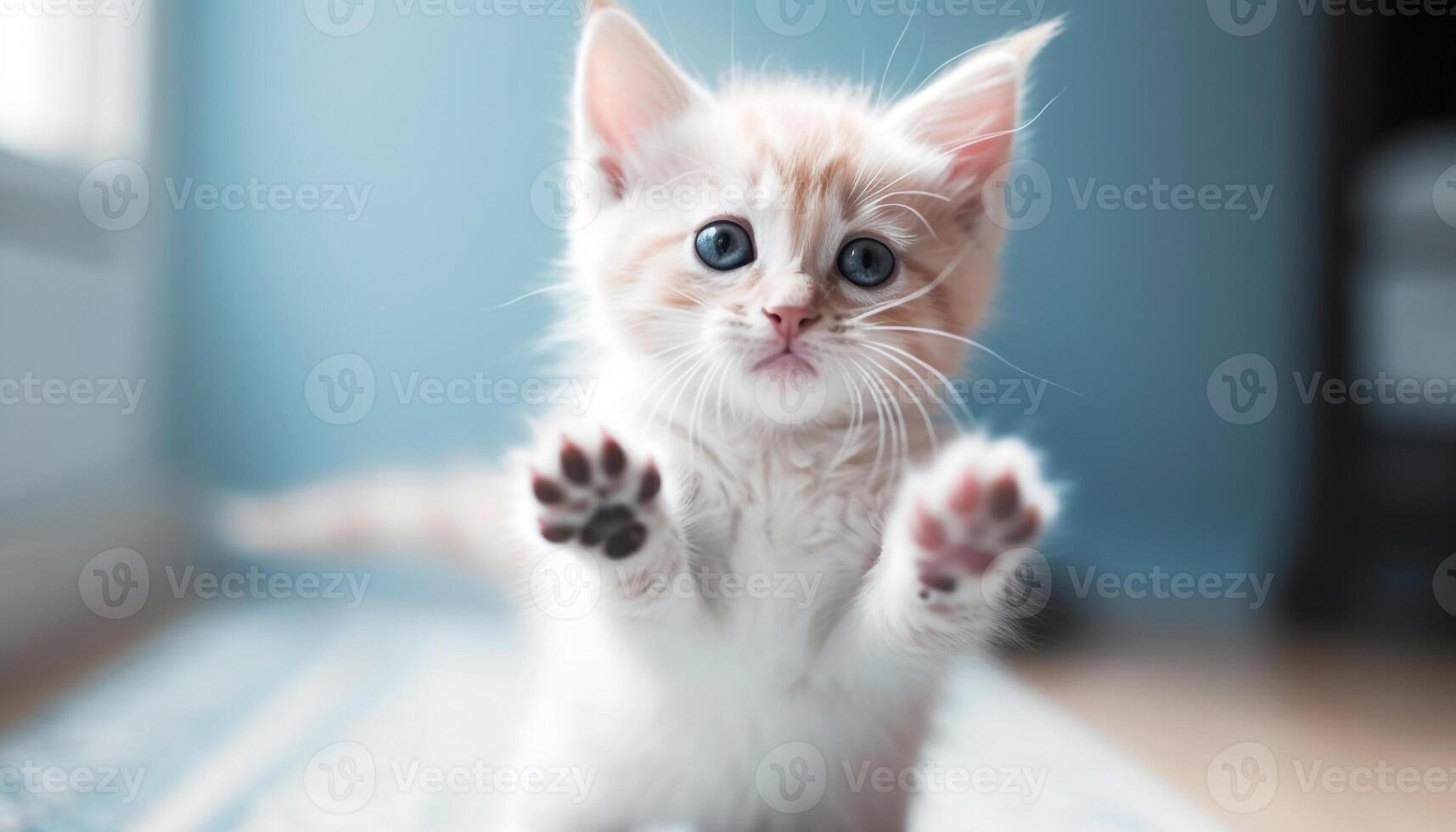 uma encantador listrado gatinho com azul olhos encarando às Câmera gerado de ai foto