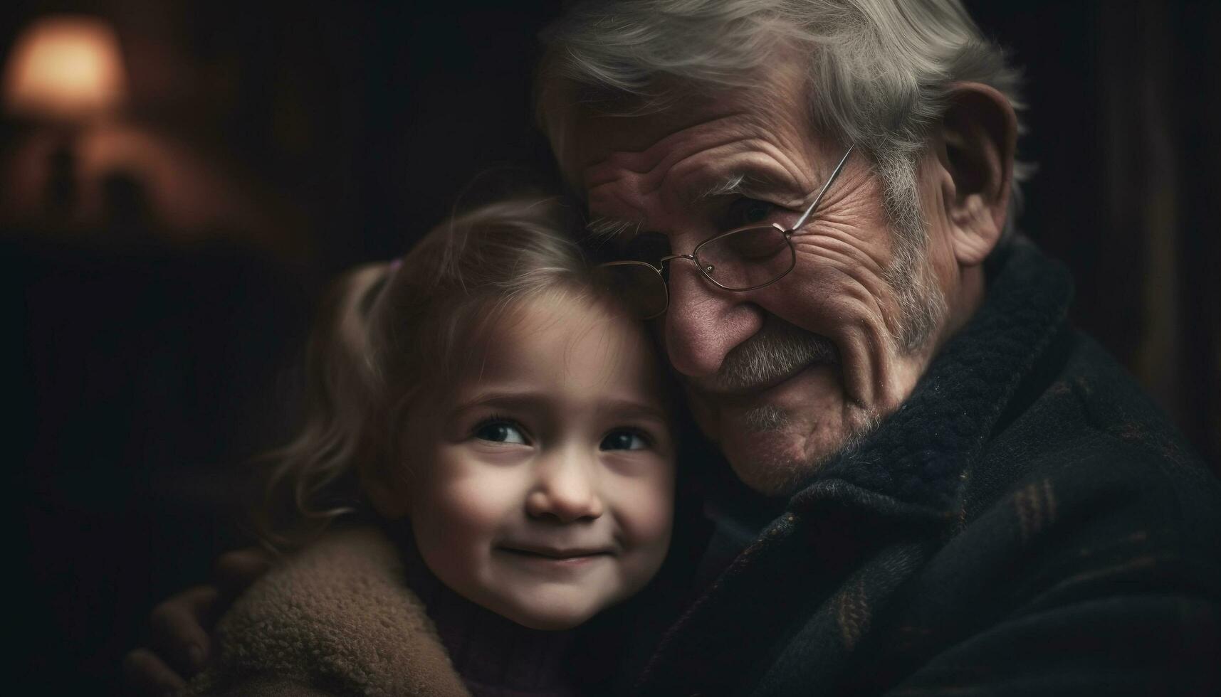 uma caloroso família ligação, abraçando amor e felicidade dentro de casa às noite gerado de ai foto