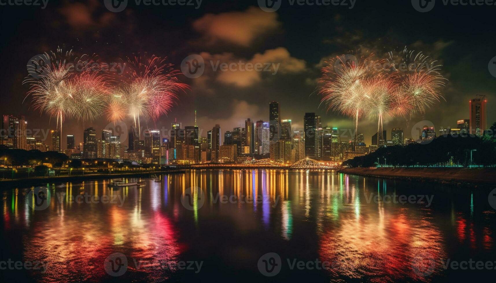 vibrante fogos de artifício iluminar Vancouver cidade Horizonte em Novo ano dia gerado de ai foto