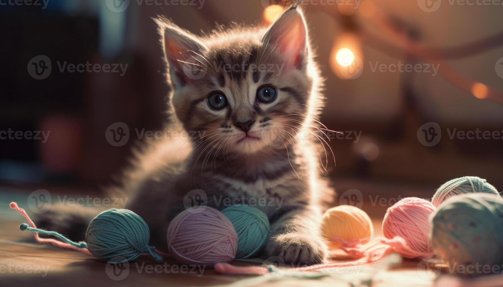 fofo gatinho jogando com lã bola, uma encantador inverno passatempo gerado de ai foto