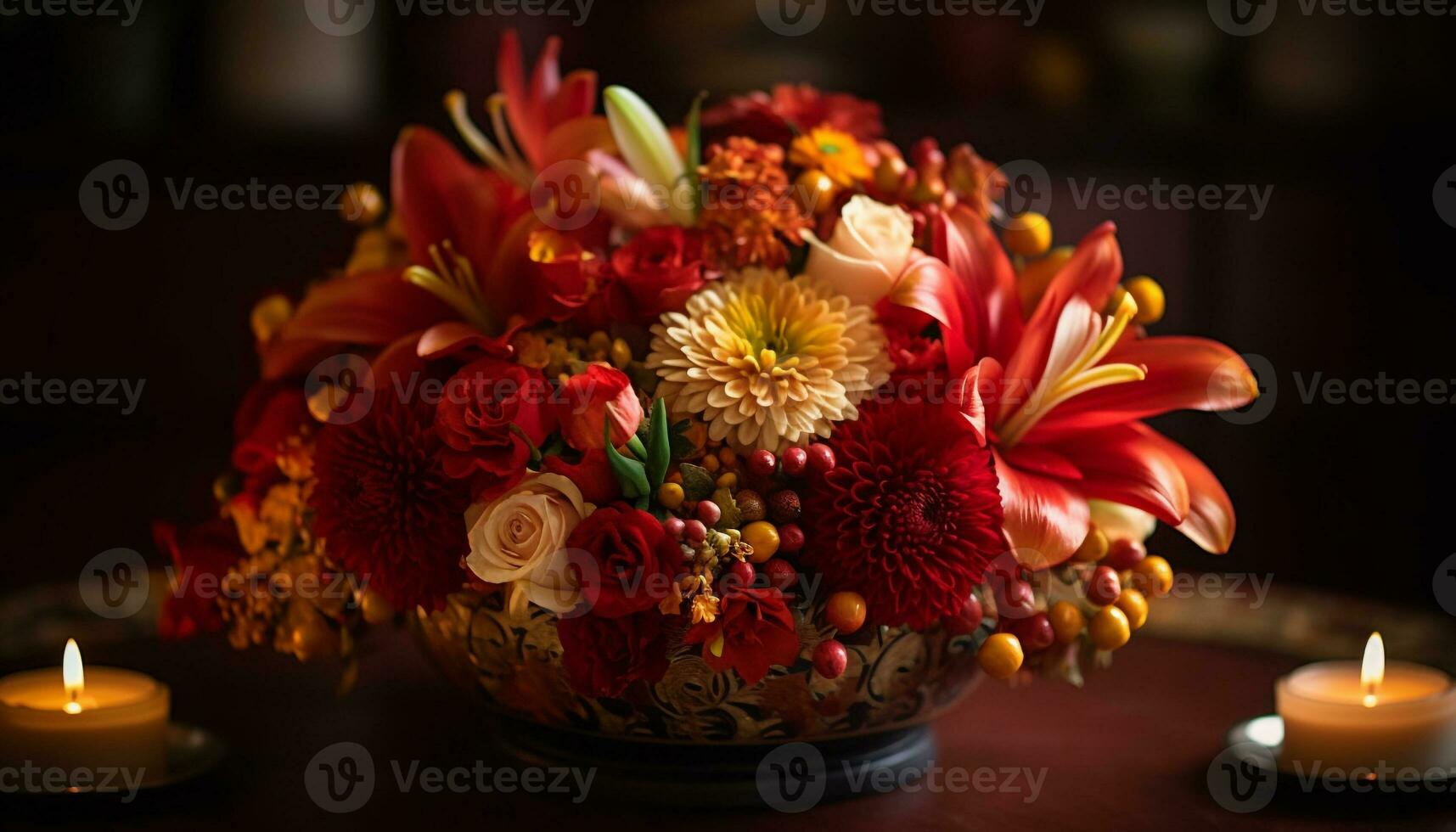 romântico luz de velas mesa adornado com elegante flor arranjo e folhagem gerado de ai foto