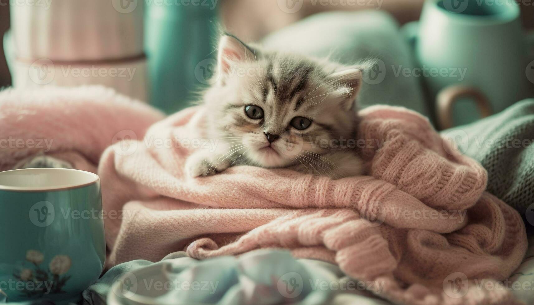 uma acolhedor gatinho descansos em uma suave azul cobertor dentro de casa gerado de ai foto