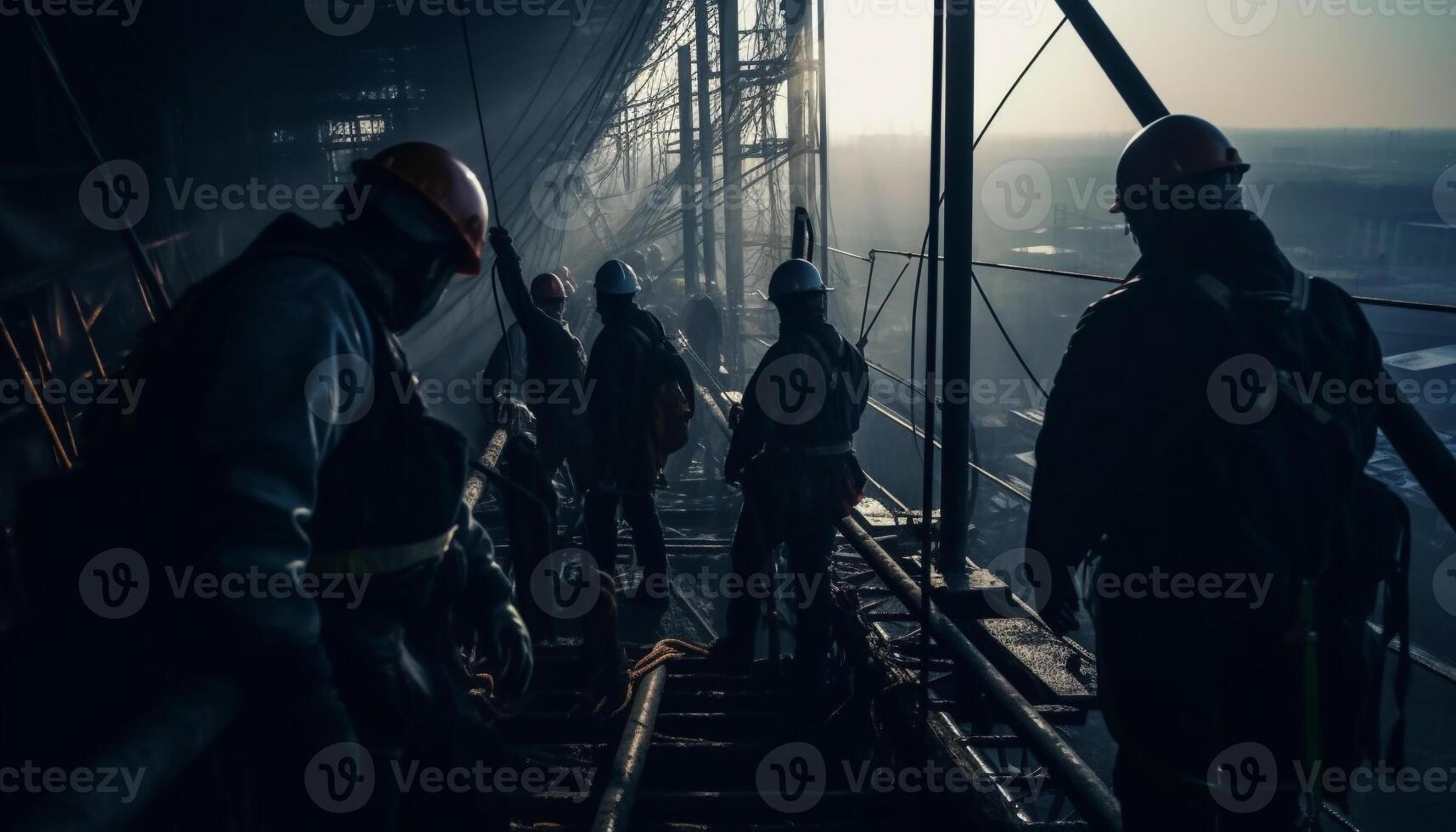 exército engenheiros trabalhos ao ar livre, usando maquinaria para construir náutico embarcações gerado de ai foto