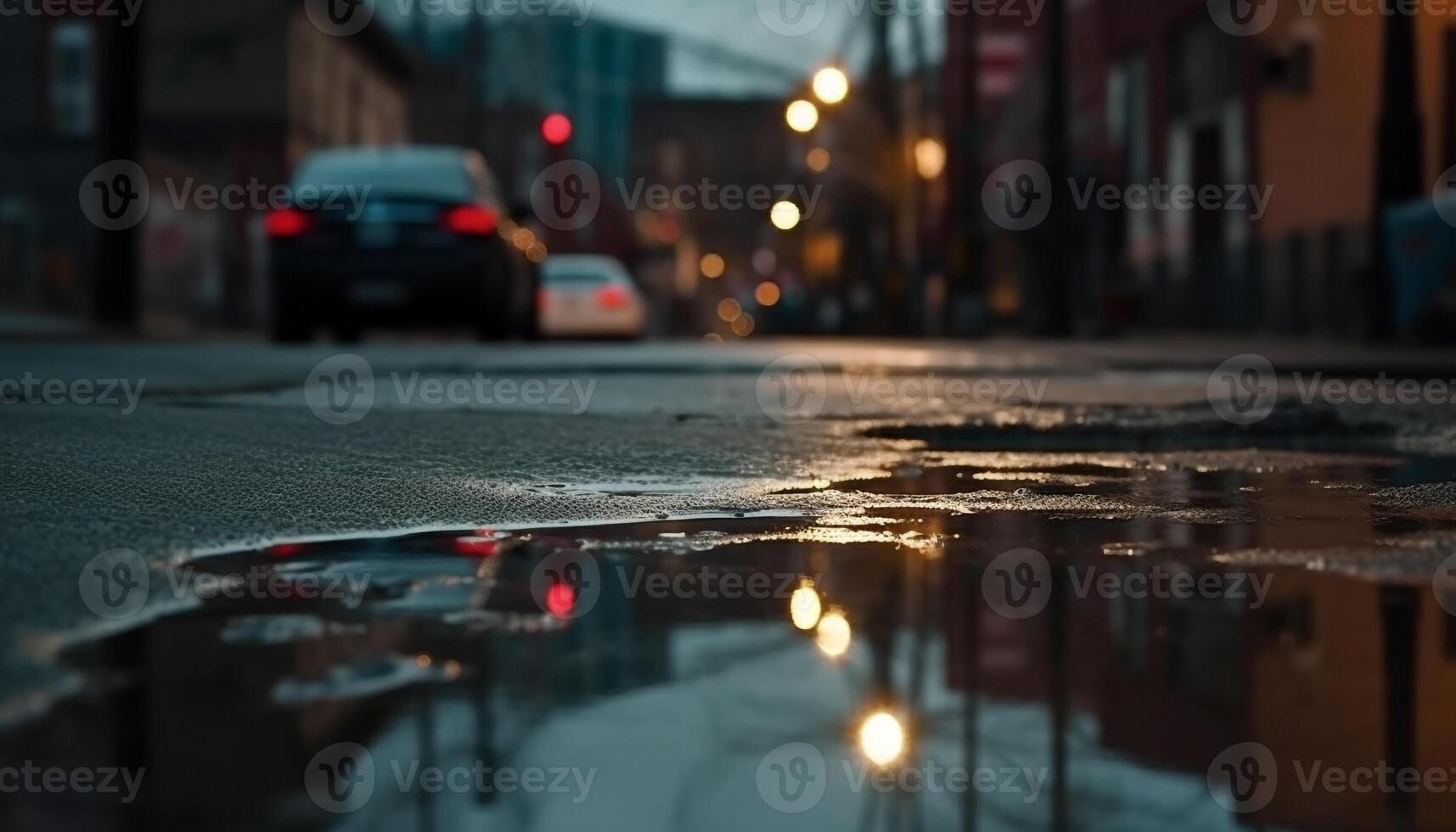 pingos de chuva borrão cidade luzes, refletindo urbano Horizonte dentro molhado calçada gerado de ai foto