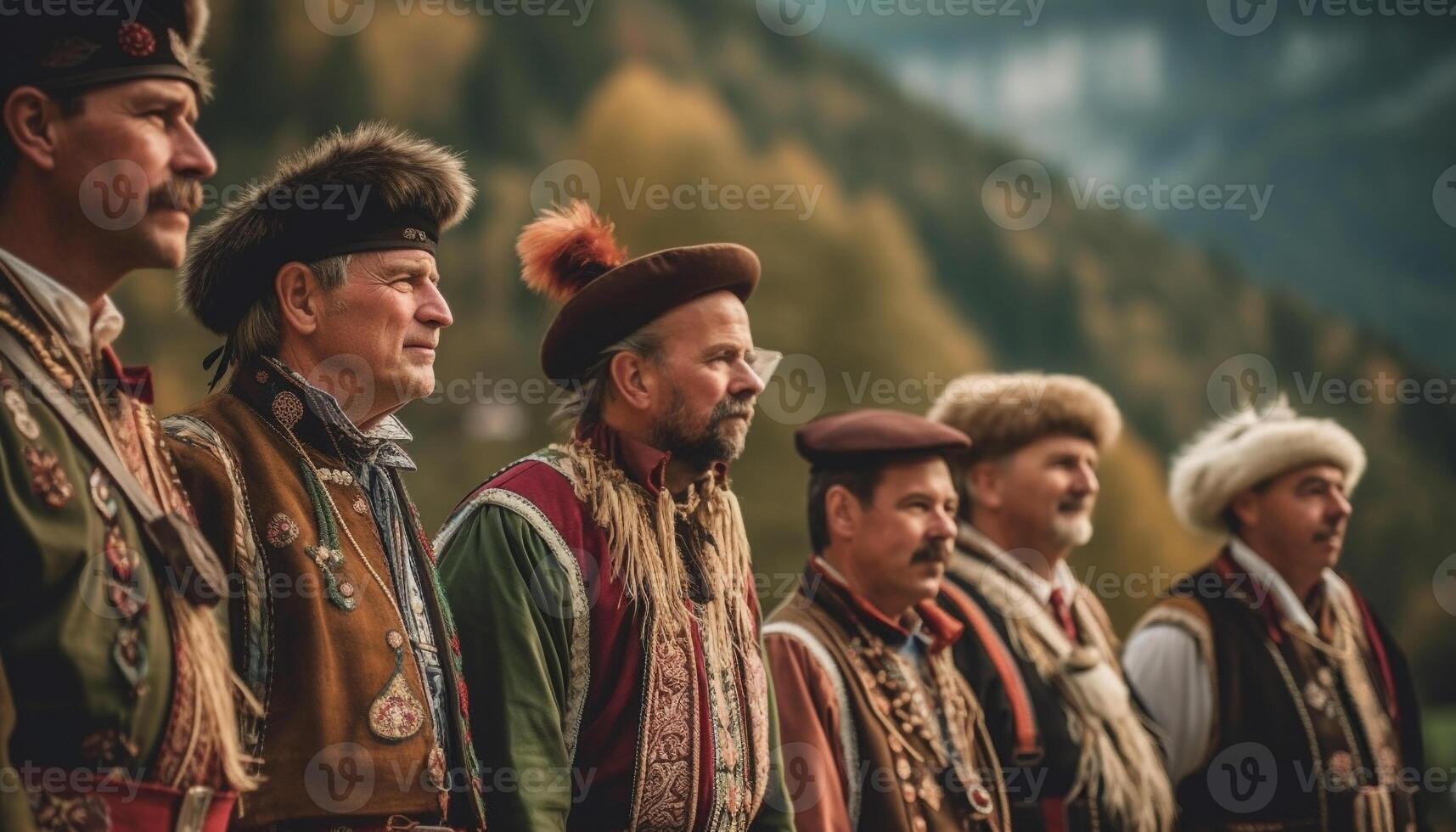 uma grupo do sorridente homens e mulheres dentro tradicional roupas gerado de ai foto