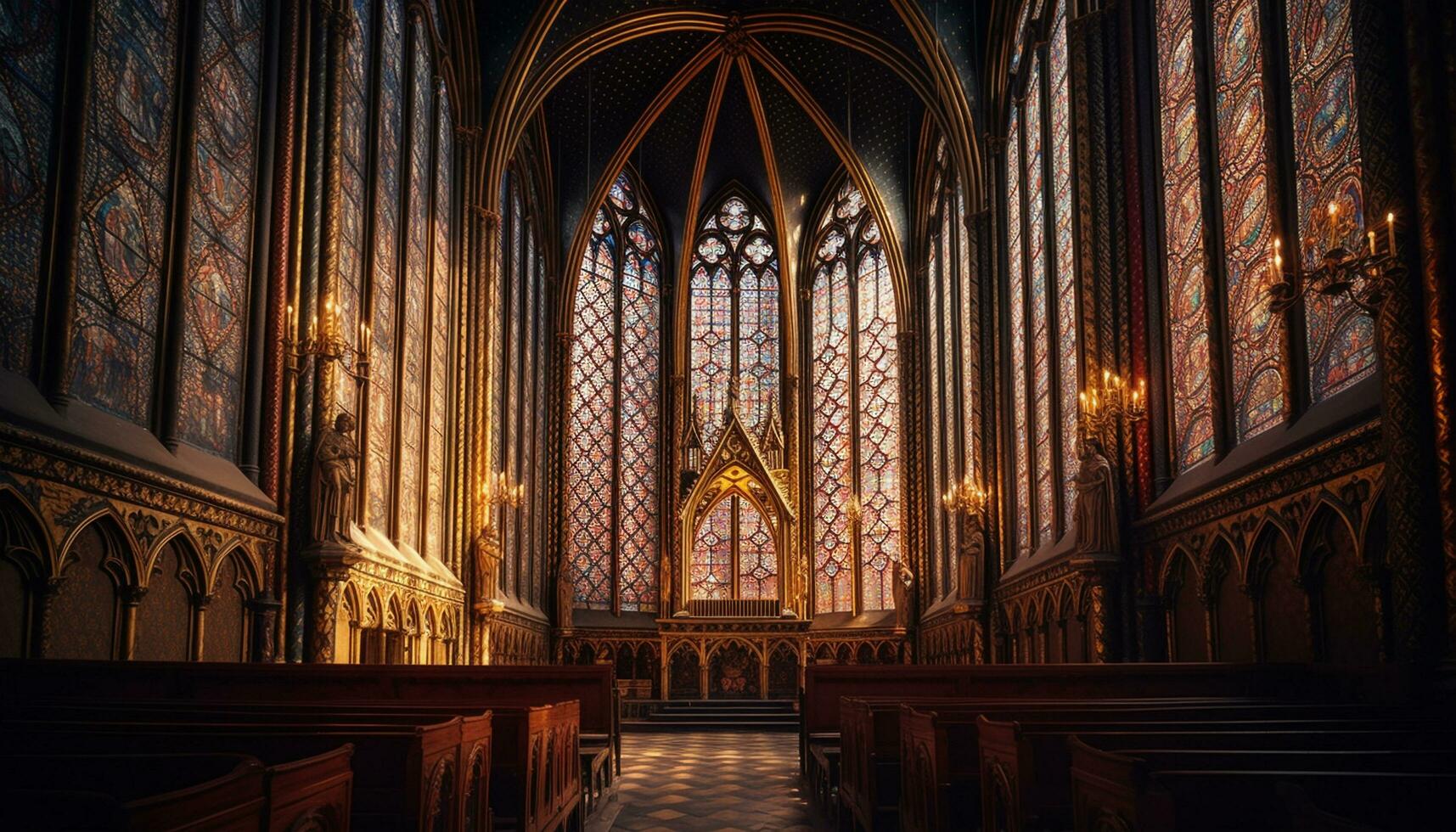 majestoso gótico basílica com iluminado manchado vidro janelas gerado de ai foto
