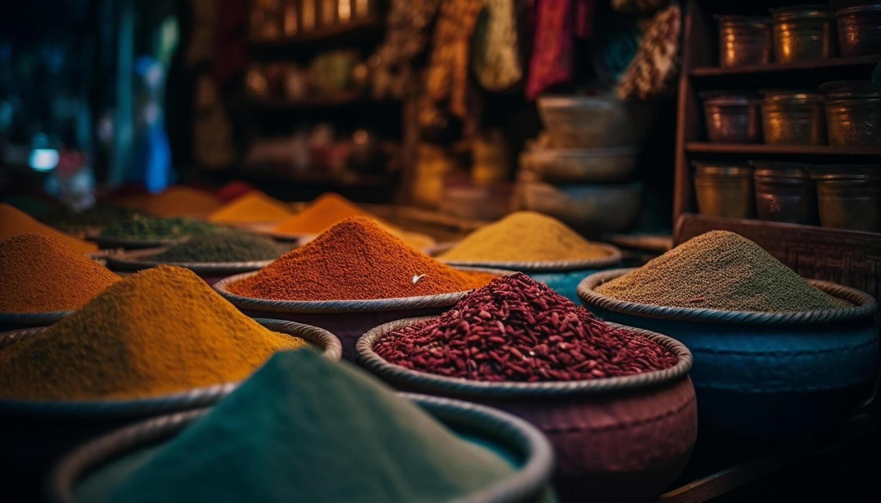 vibrante cores do especiarias dentro medina distrito gerado de ai foto