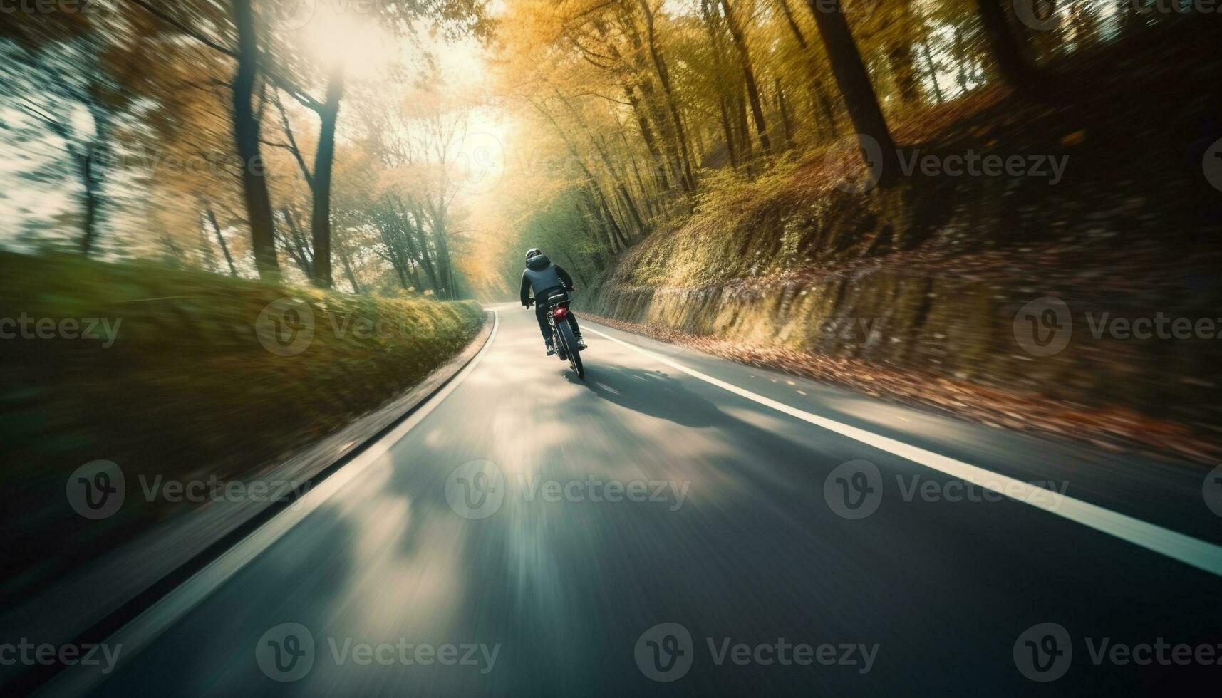 1 pessoa ciclismo através floresta em montanha bicicleta gerado de ai foto