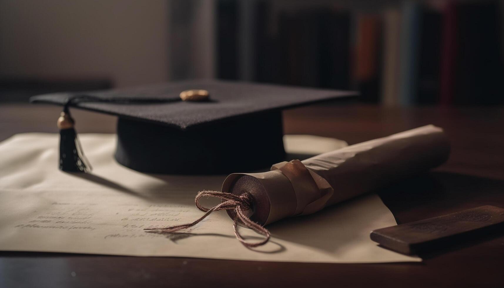 diploma e boné em mesa, izing realização gerado de ai foto