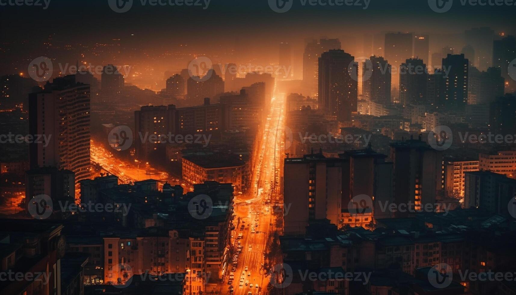 brilhando cidade Horizonte às crepúsculo, tráfego fluxos gerado de ai foto