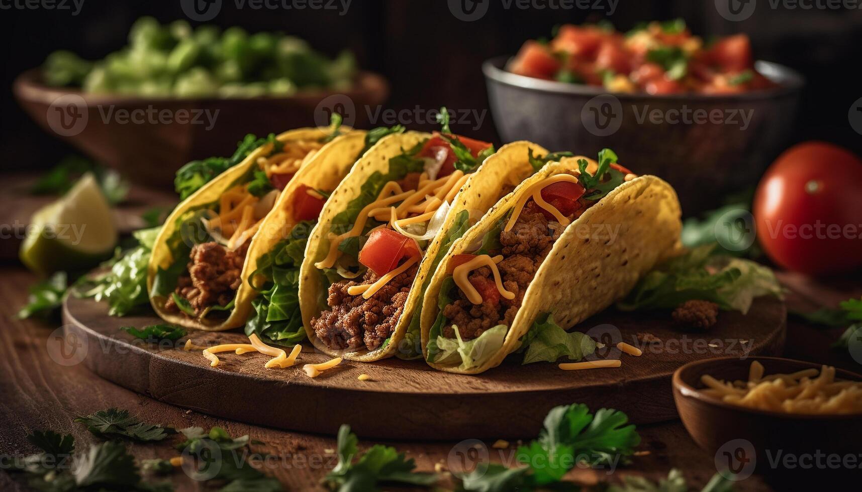 rústico mexicano taco com grelhado bife e guacamole gerado de ai foto