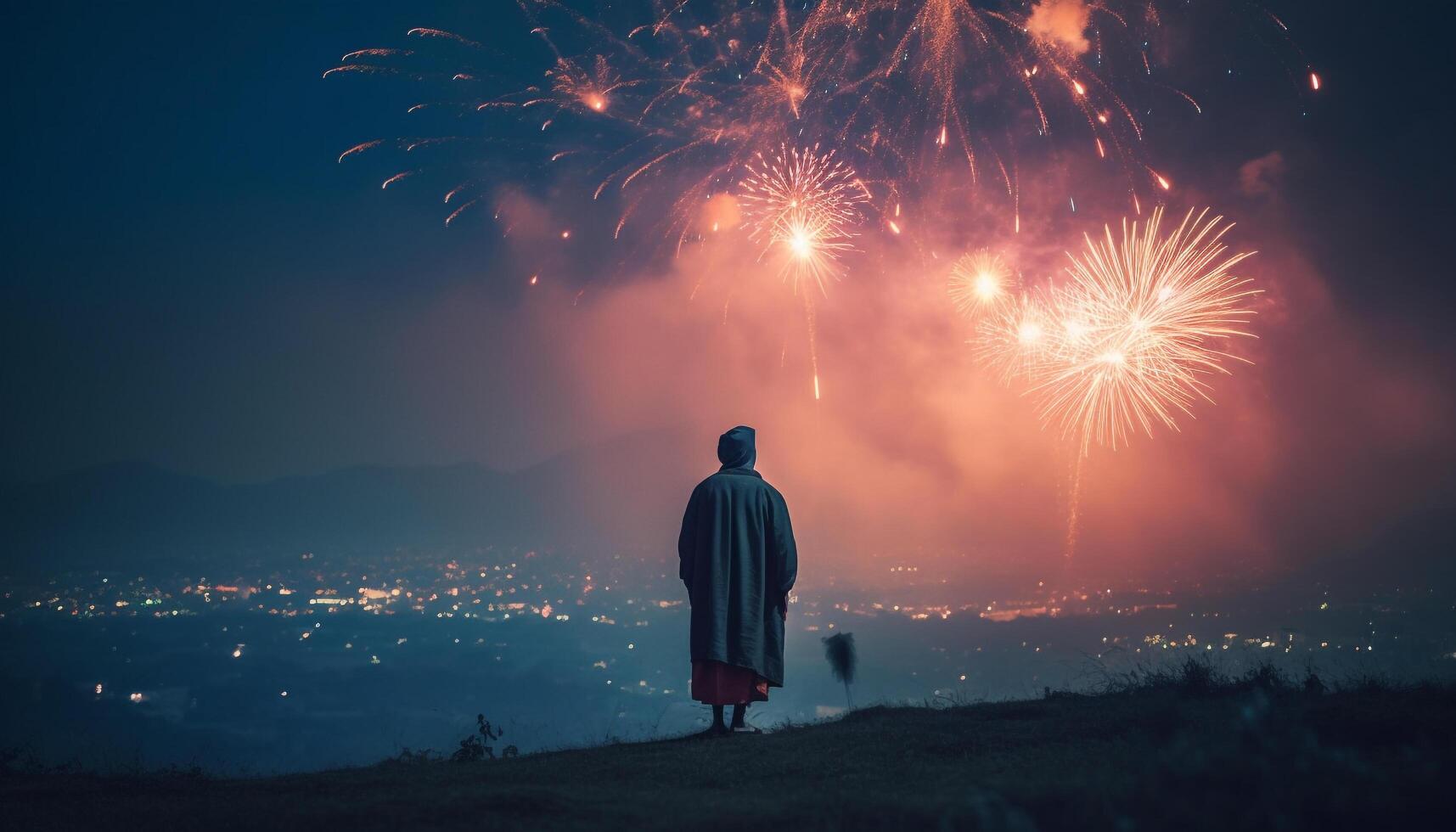 1 pessoa de pé, iluminado de fogo de artifício exibição gerado de ai foto