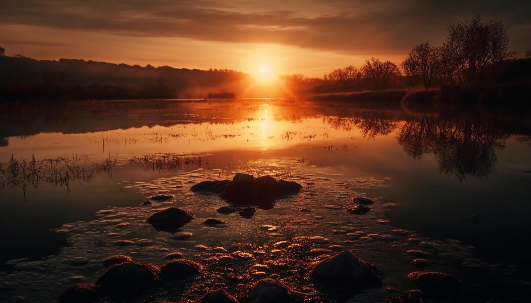 pôr do sol silhueta sobre tranquilo águas, natureza beleza gerado de ai foto