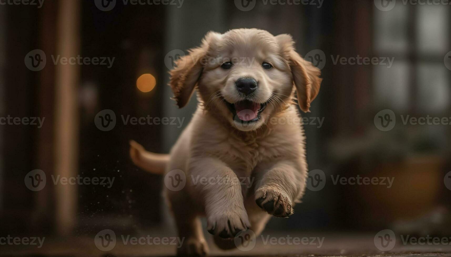 fofa cachorro sentado, olhando às Câmera dentro de casa gerado de ai foto