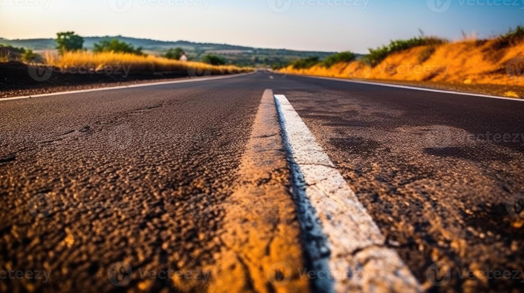 asfalto estrada e branco dividindo linhas, rodovia dentro cedo manhã, ai gerado. foto