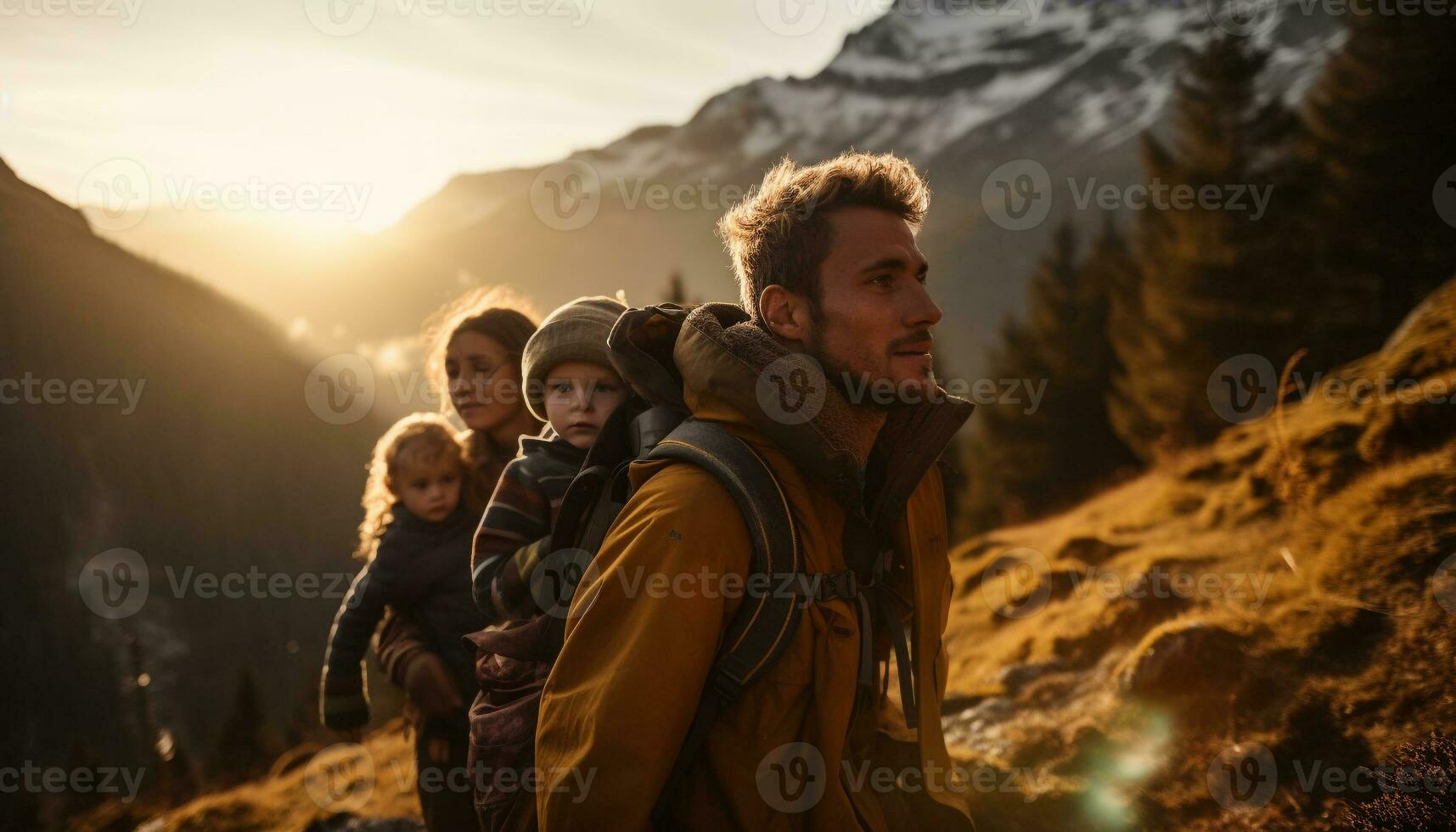 família caminhada dentro a montanhas, desfrutando natureza gerado de ai foto
