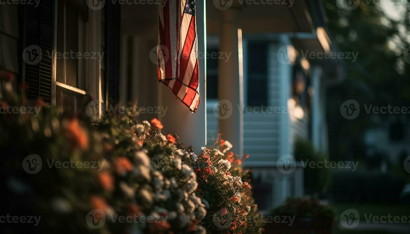 americano bandeira em varanda, natureza decoração primeiro plano gerado de ai foto