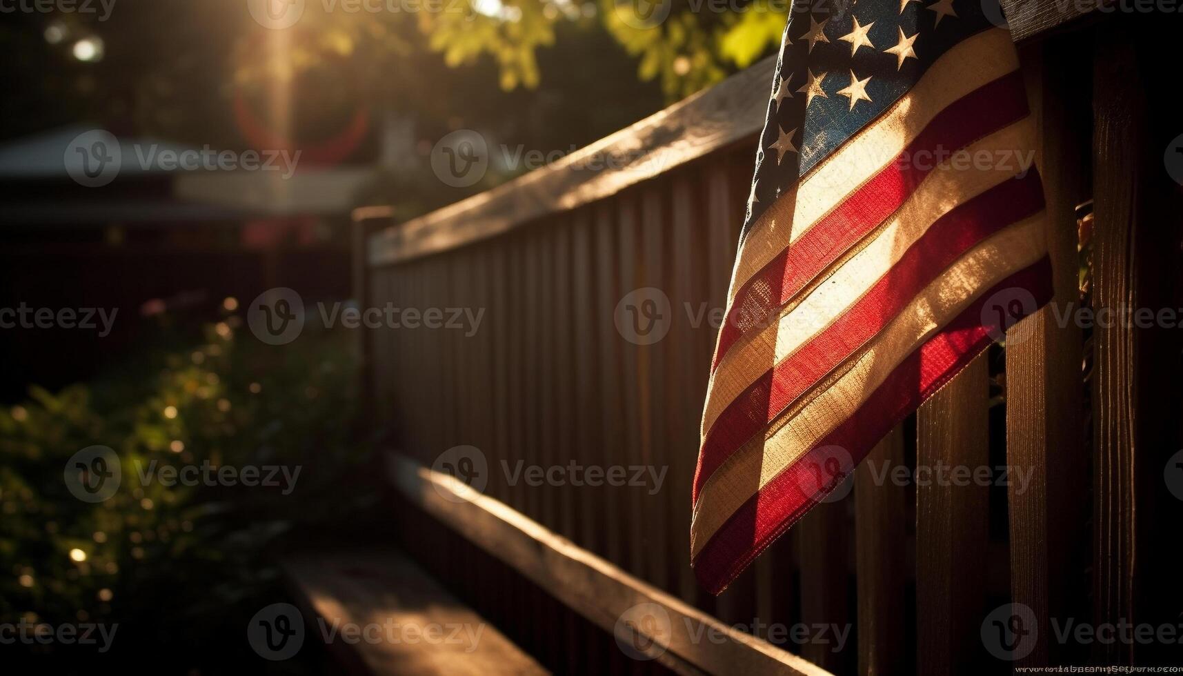 liberdade brilha através rústico americano bandeira cerca gerado de ai foto