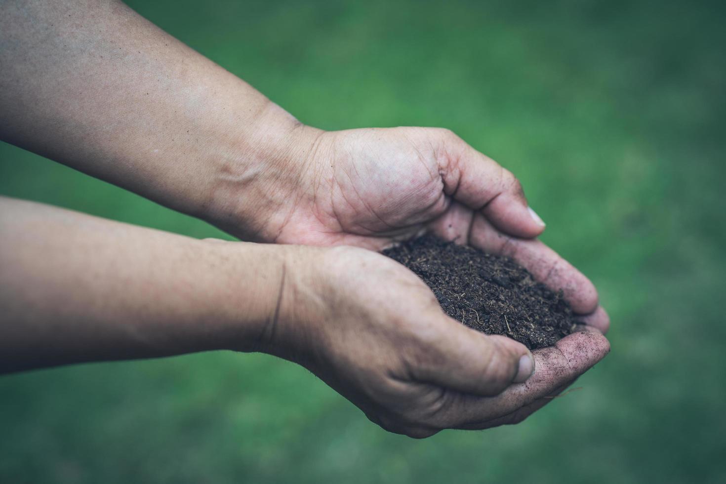 mulher asiática segurando turfa, musgo, matéria orgânica, melhora o solo para cultivo de plantas hortícolas foto