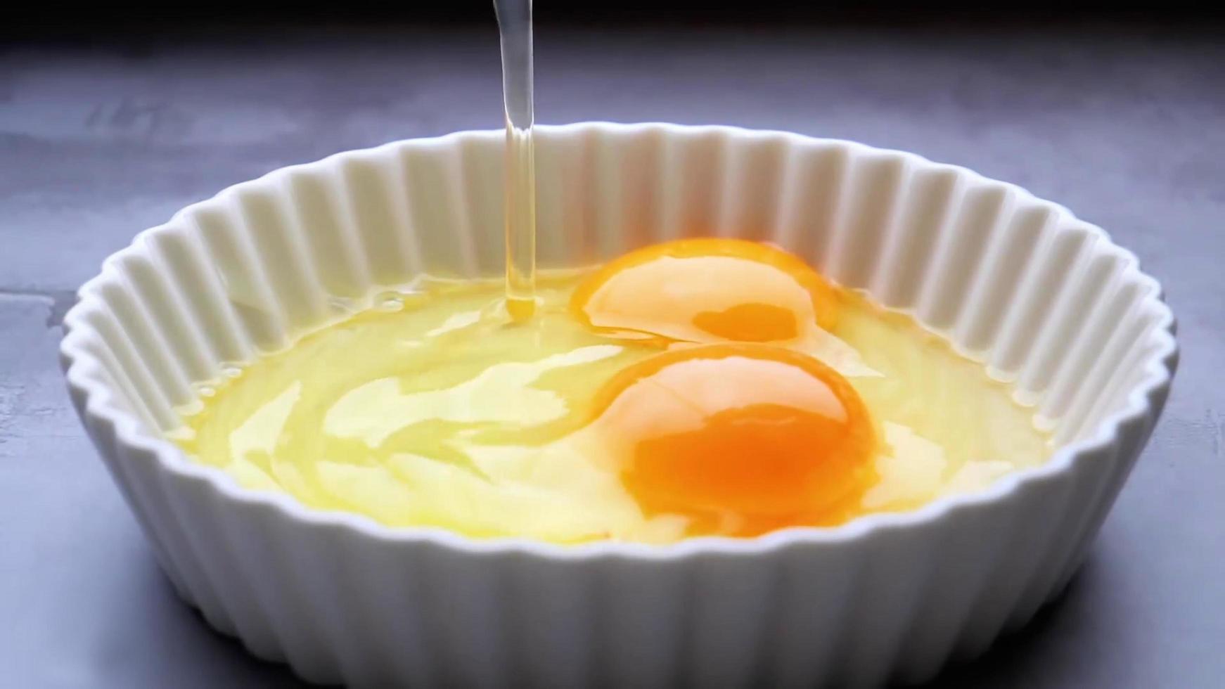 close up macro fotografia de gema e clara de ovo em um prato de molde de bolo de grife assando foto