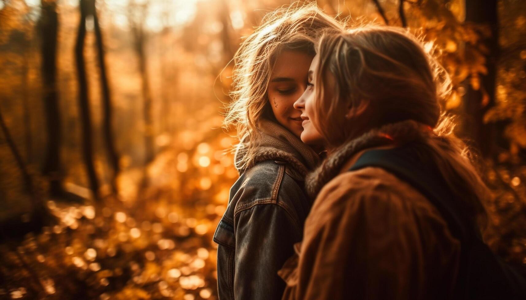 dois jovem adultos abraçar, desfrutando outono pôr do sol gerado de ai foto