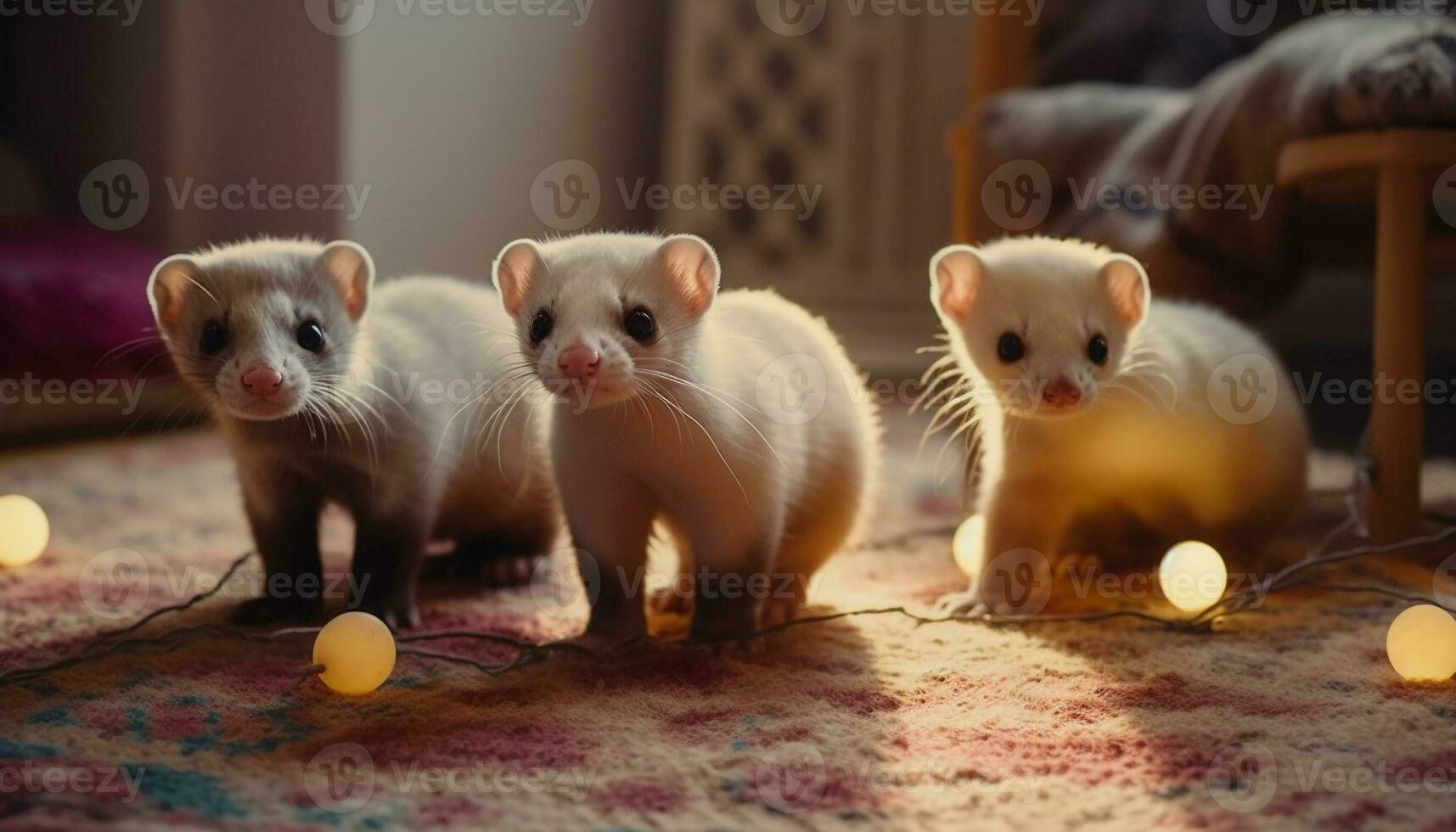 fofo furão trio jogando com brinquedo dentro de casa gerado de ai foto