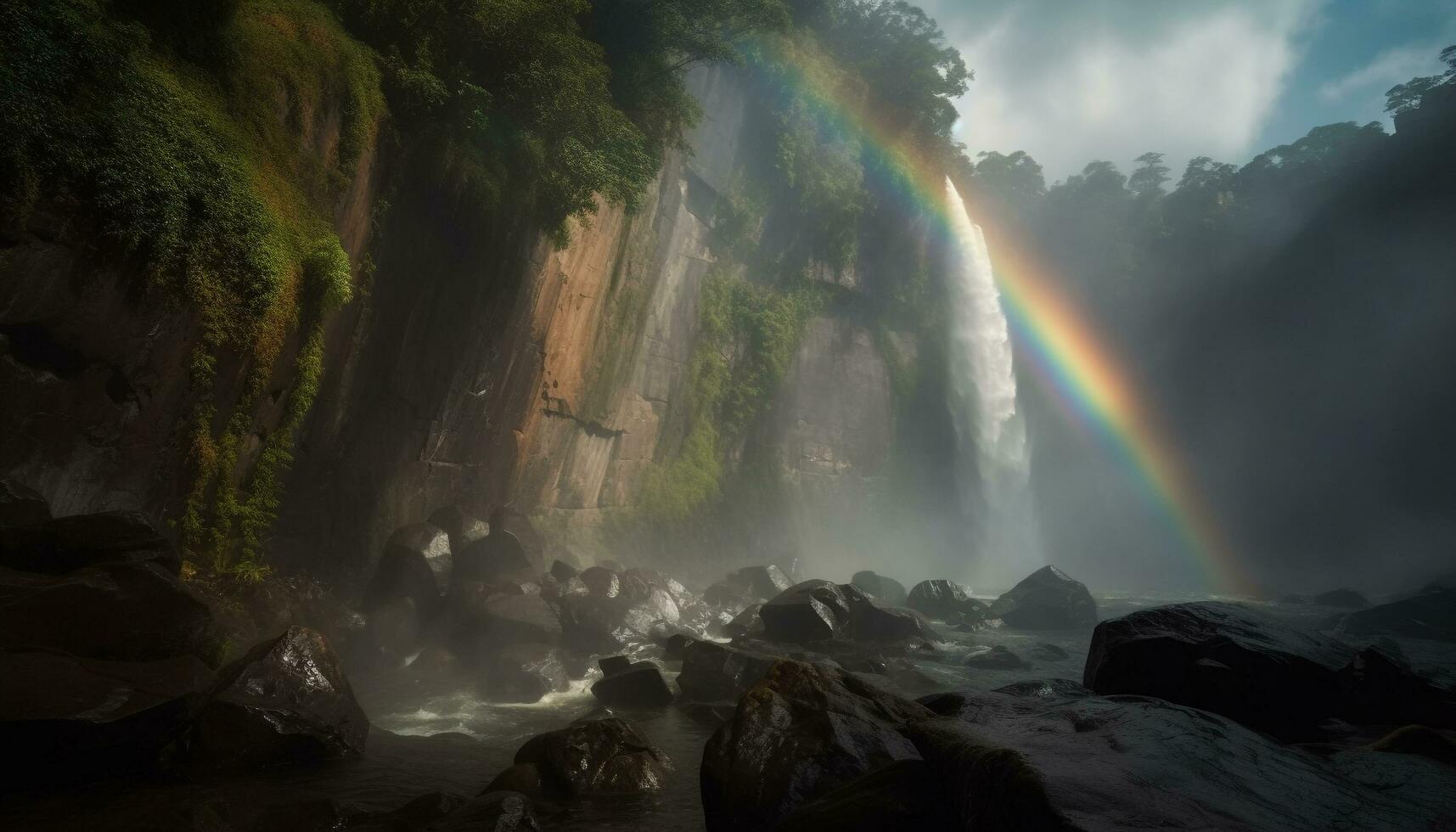 majestoso montanha faixa, arco-íris, e fluindo água gerado de ai foto