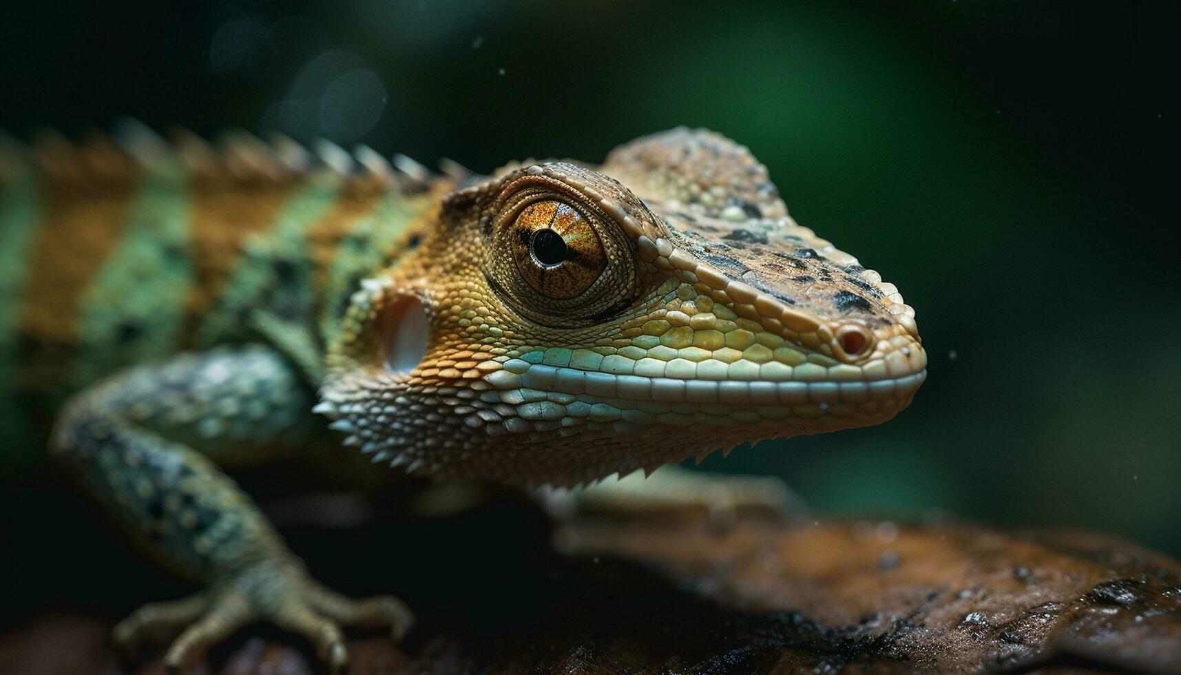 verde lagarto em molhado folha dentro tropical floresta gerado de ai foto