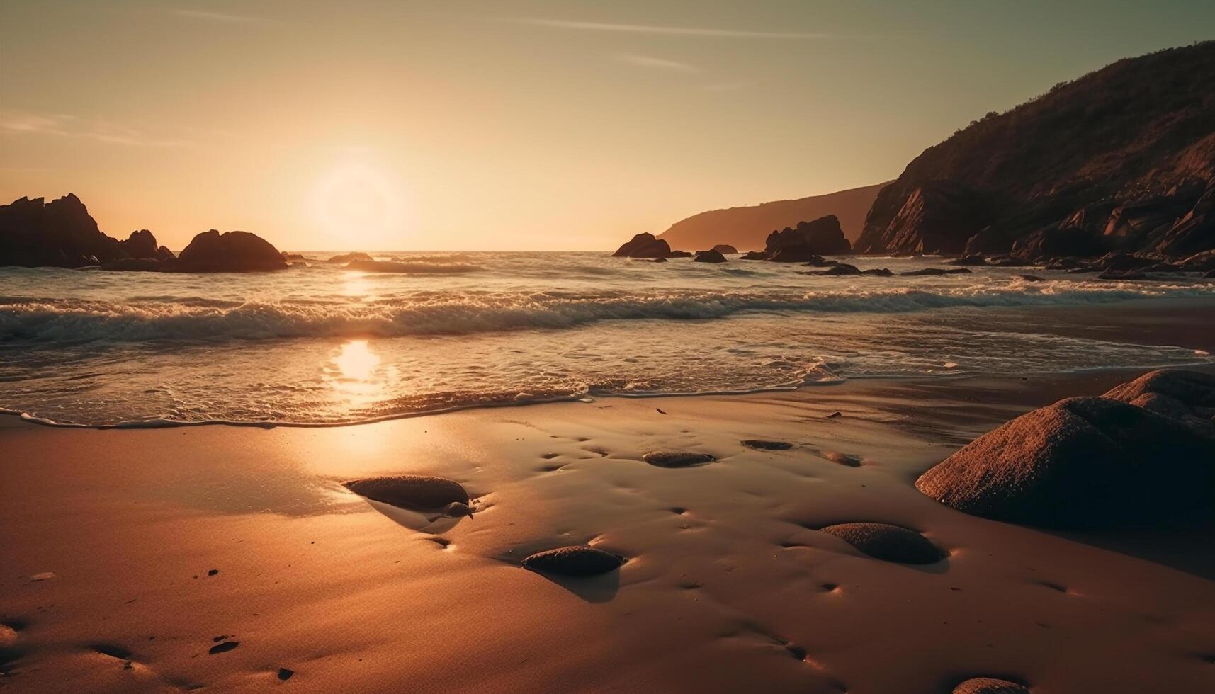 dourado horizonte sobre tranquilo águas, natural beleza gerado de ai foto