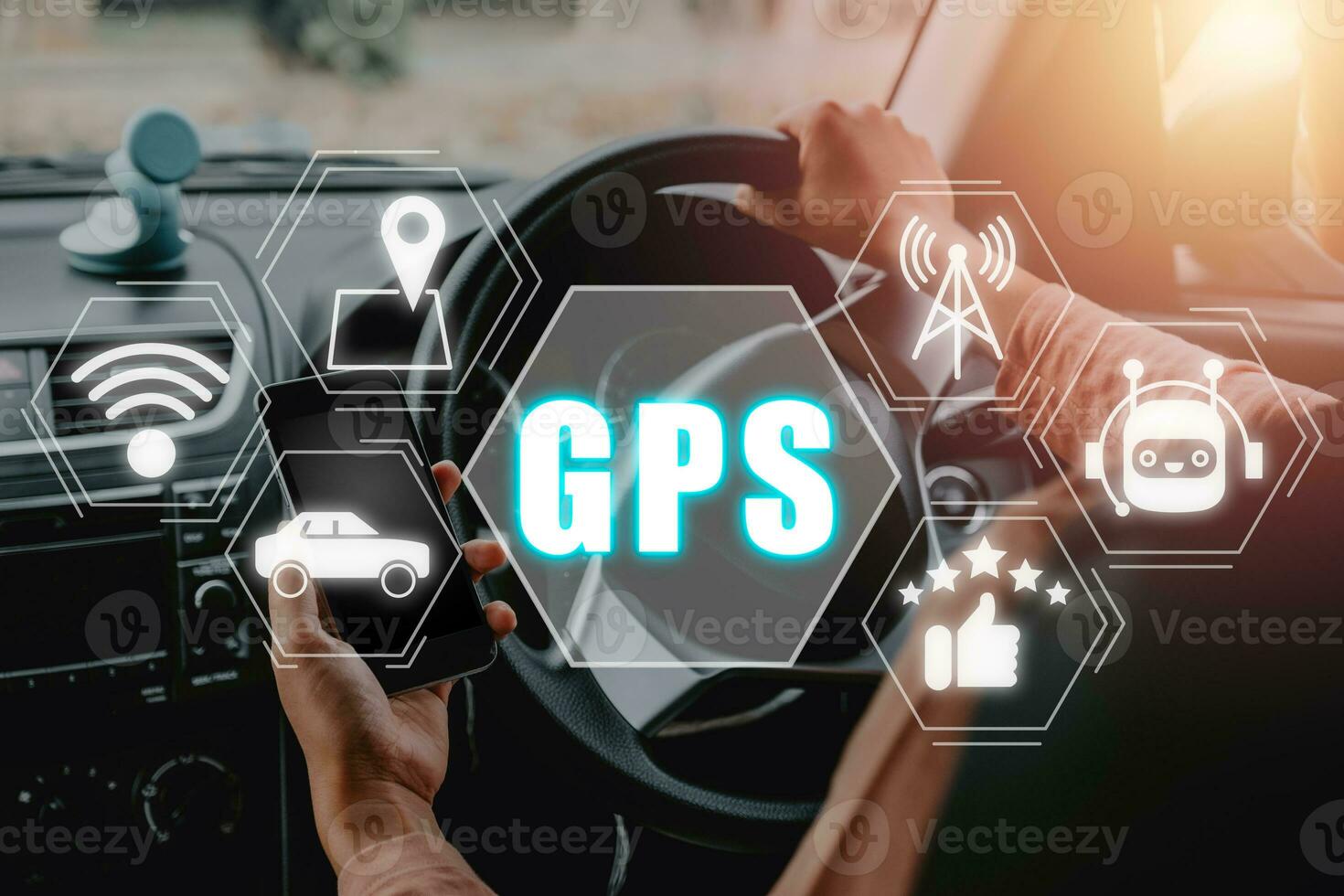GPS, global posicionamento sistema, pessoa mão usando inteligente telefone em carro com global posicionamento sistema ícone em virtual tela. foto