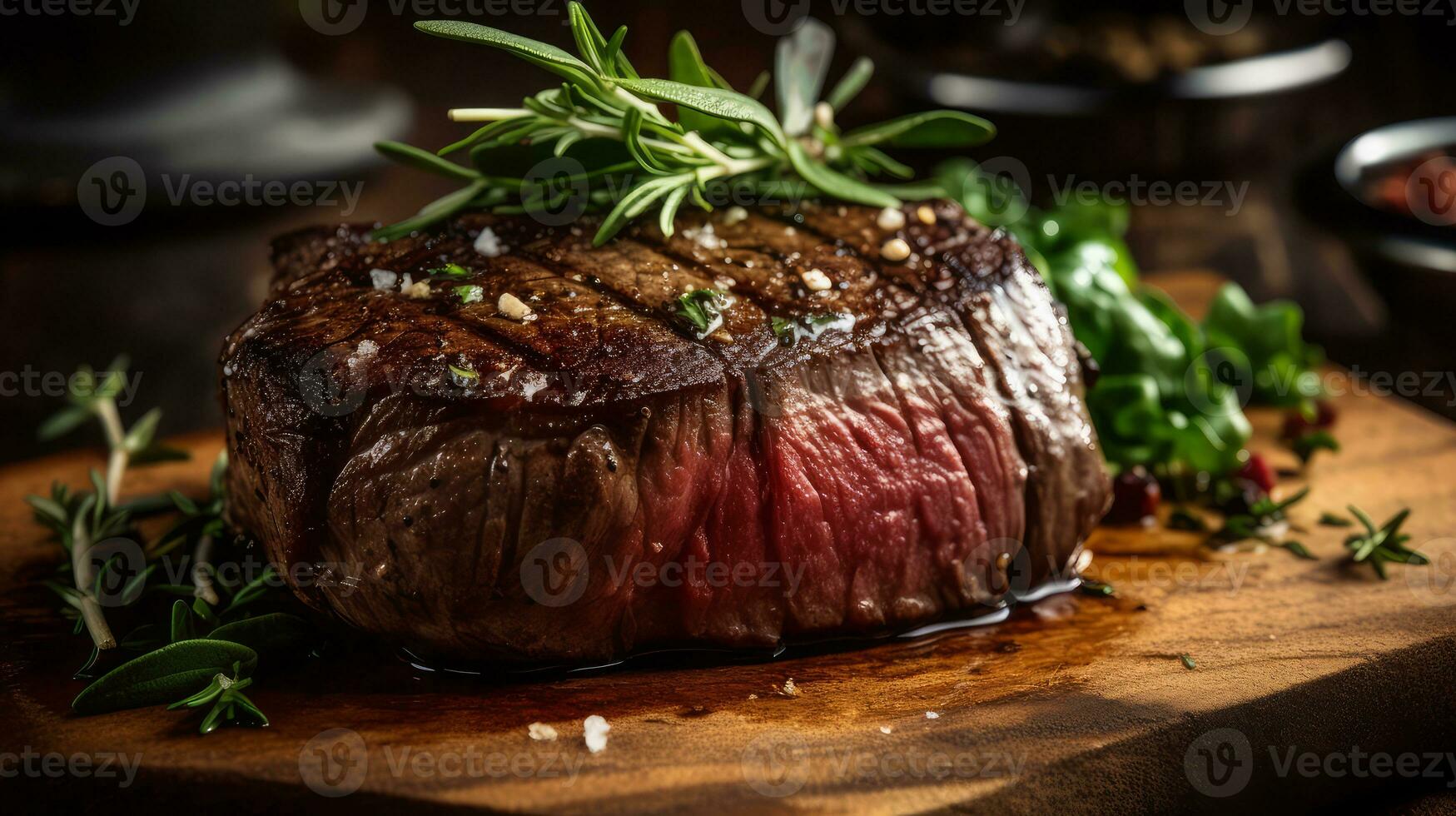 grelhado carne bife com ervas e especiarias em uma de madeira borda. foto