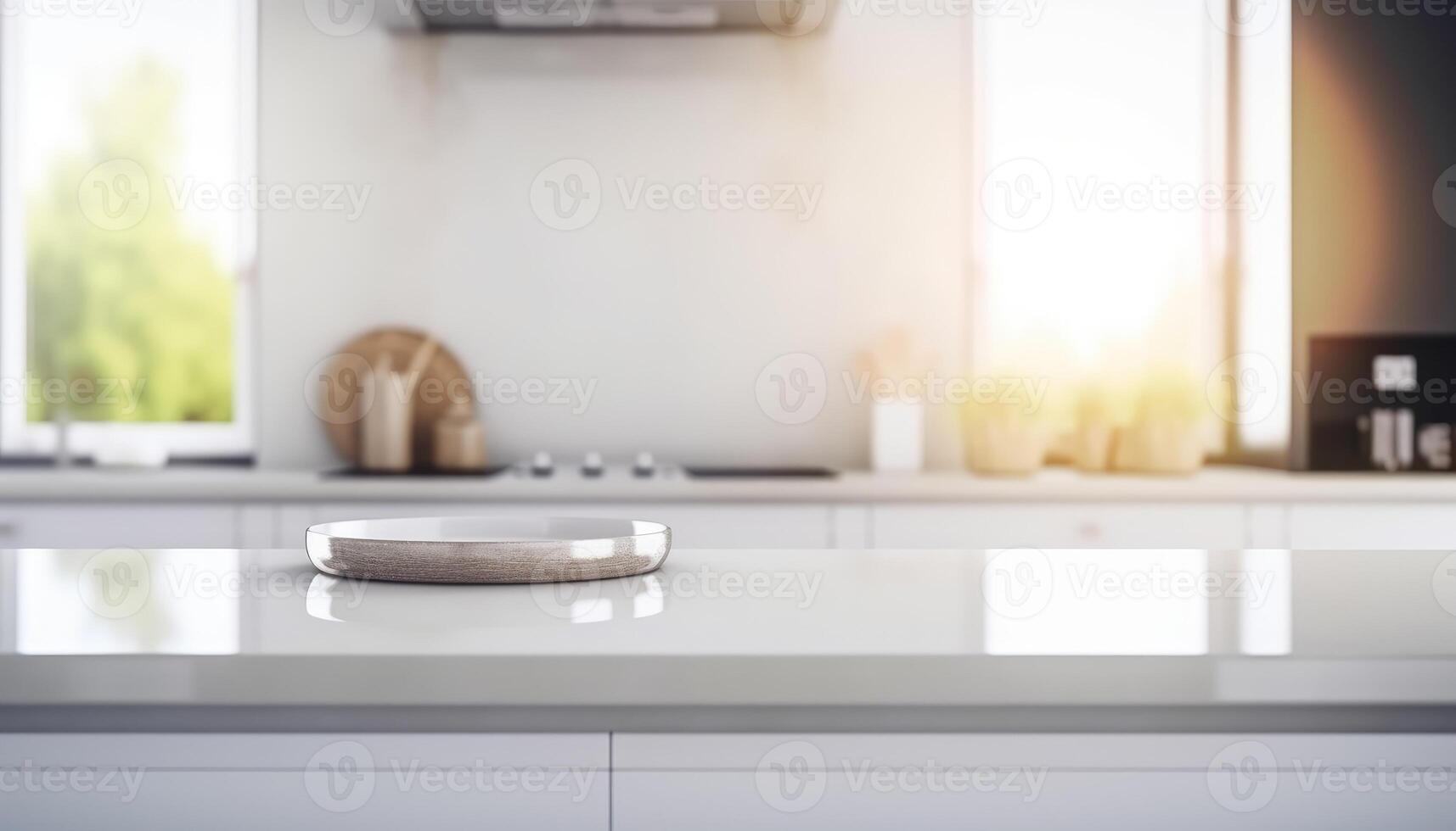 esvaziar branco mesa e desfocado moderno cozinha fundo. generativo ai. foto