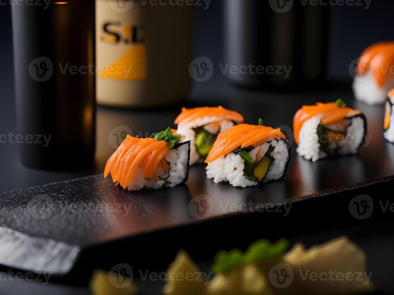 uma prato do apetitoso Sushi rolos foto